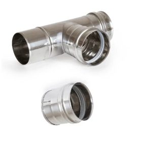   INOX rozsdamentes pelletkályha füstcső "T" elem gyűjtő edénnyel - fémszínű (Ø80 mm)